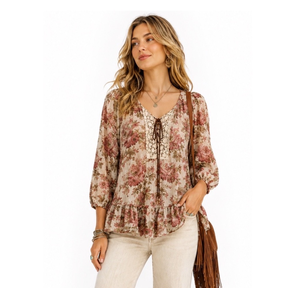 Denim & Supply Ralph Lauren lace Blouse Medium Floral Lace Up boho Peasant Top